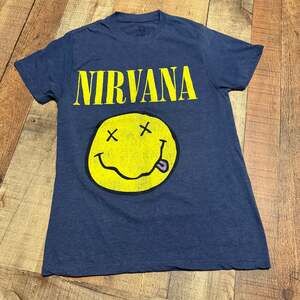 Nirvana Women's Blue Yellow Graphic Bank Tee Sz S